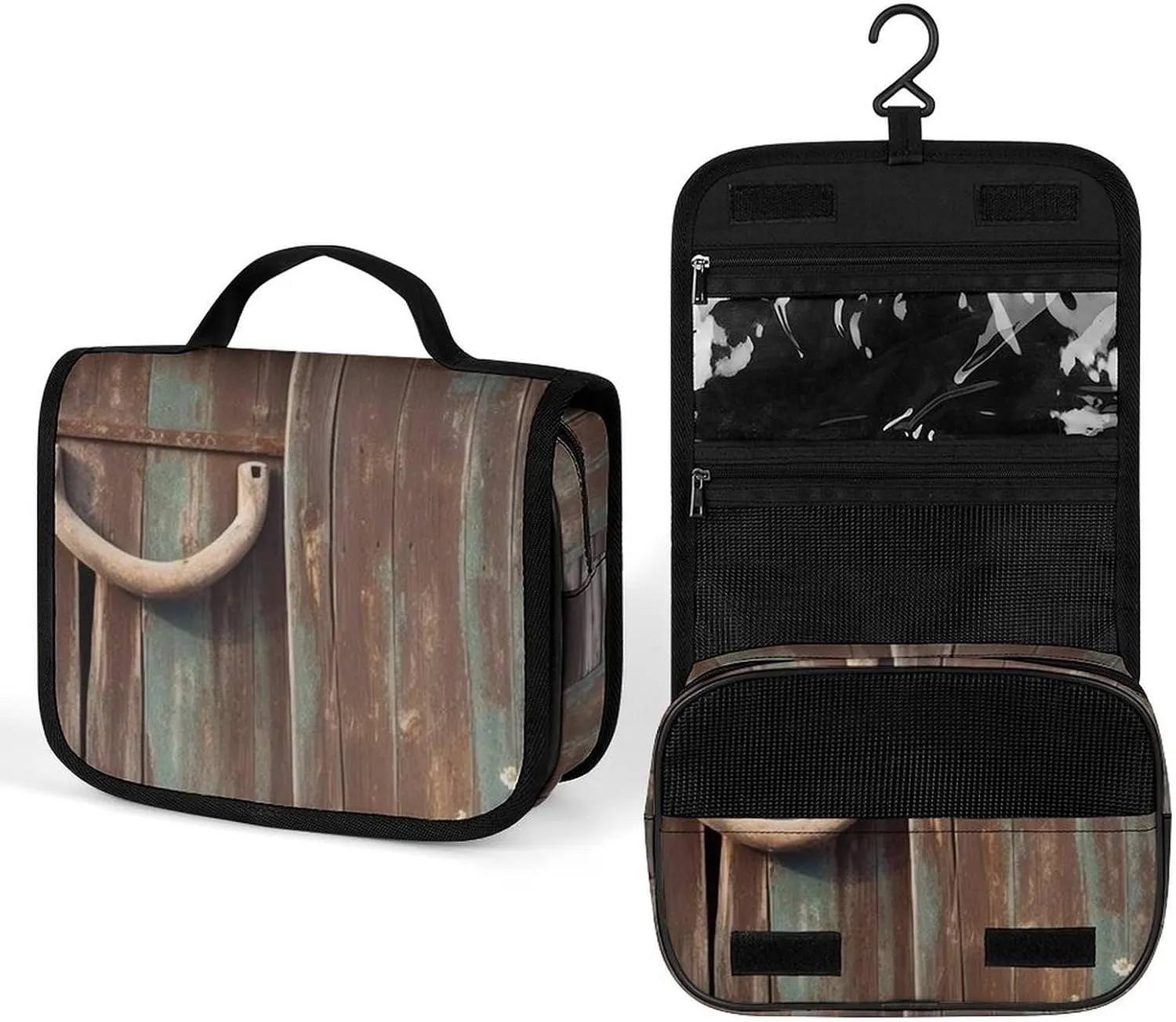 Hanging Rustic Horseshoe Barn Wooden Printed Toiletry Bag Travel Toiletry Bag Foldable Large-capacity Design Suitable for Travel, Fitness, Camping, Home Use, Etc.
