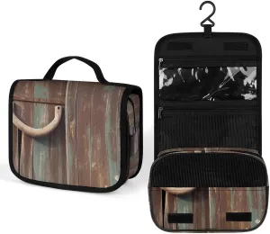 Hanging Rustic Horseshoe Barn Wooden Printed Toiletry Bag Travel Toiletry Bag Foldable Large-capacity Design Suitable for Travel, Fitness, Camping, Home Use, Etc.