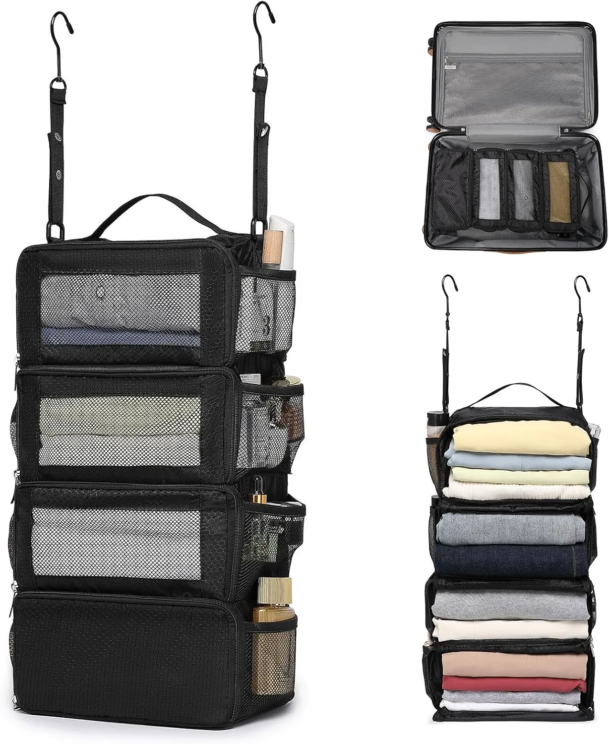 Hanging Suitcase Organizer, Travel Essentials Carry-on Collapsible Packing Cubes for Travel, Stow-N-Go Portable Hanging Closet Organizer Shelves Luggage Bag, Small, Black