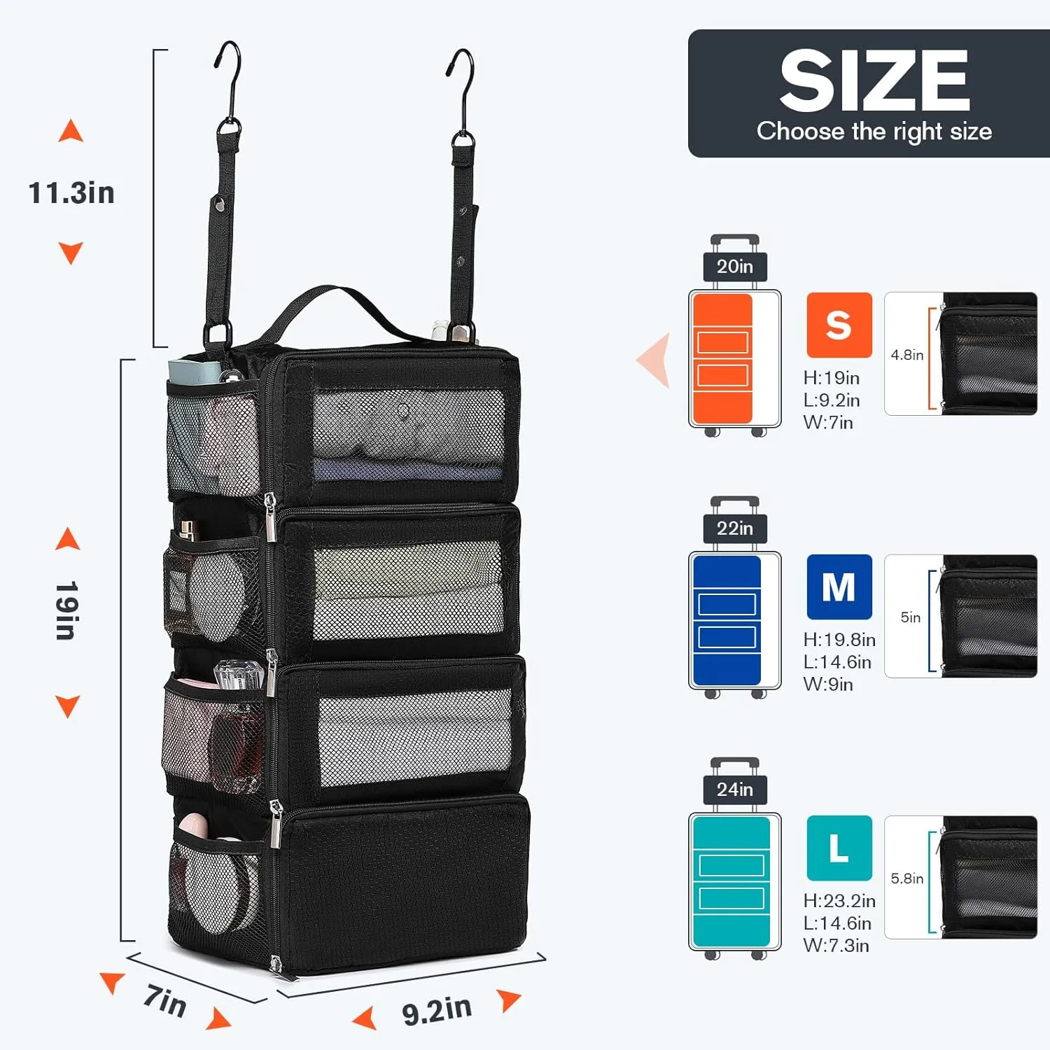 Hanging Suitcase Organizer, Travel Essentials Carry-on Collapsible Packing Cubes for Travel, Stow-N-Go Portable Hanging Closet Organizer Shelves Luggage Bag, Small, Black
