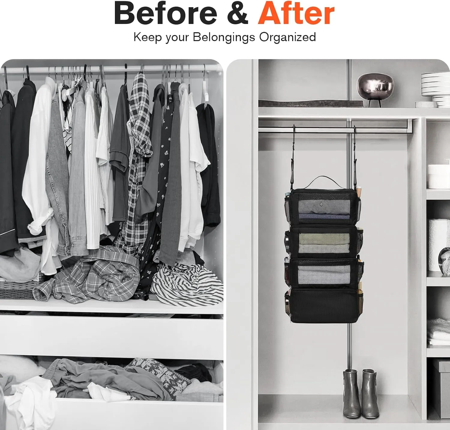 Hanging Suitcase Organizer, Travel Essentials Carry-on Collapsible Packing Cubes for Travel, Stow-N-Go Portable Hanging Closet Organizer Shelves Luggage Bag, Small, Black