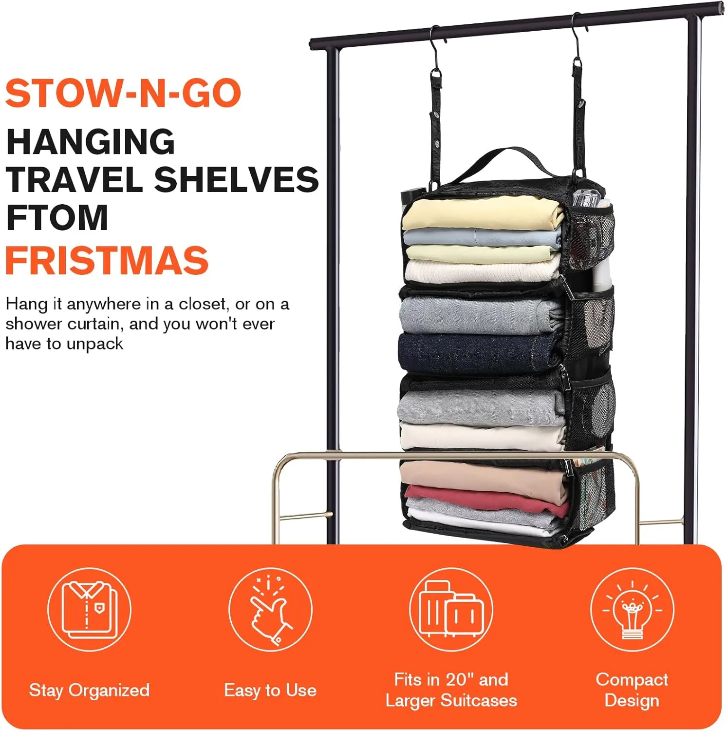Hanging Suitcase Organizer, Travel Essentials Carry-on Collapsible Packing Cubes for Travel, Stow-N-Go Portable Hanging Closet Organizer Shelves Luggage Bag, Small, Black