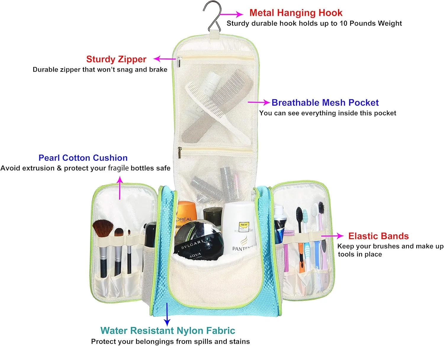 Hanging Toiletry Bag Extra Large Capacity | Premium Travel Organizer Bags For Men And Women | Durable Waterproof Nylon Bathroom, Shower, Makeup Bag For Toiletries, Cosmetics, Brushes