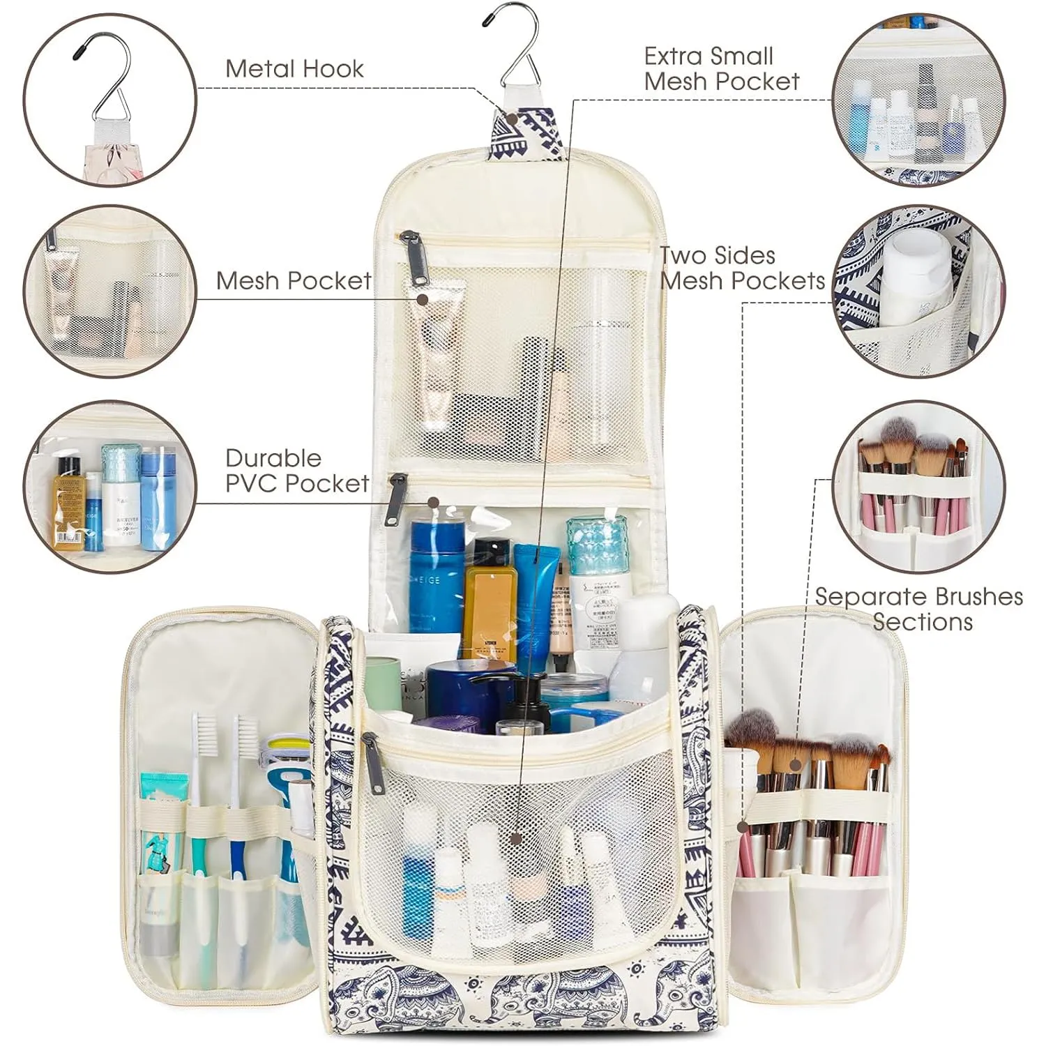 Hanging Toiletry Bag for Women Travel Makeup Bag Organizer Toiletries Bag for Cosmetics Essentials Accessories (Large, Elephant)
