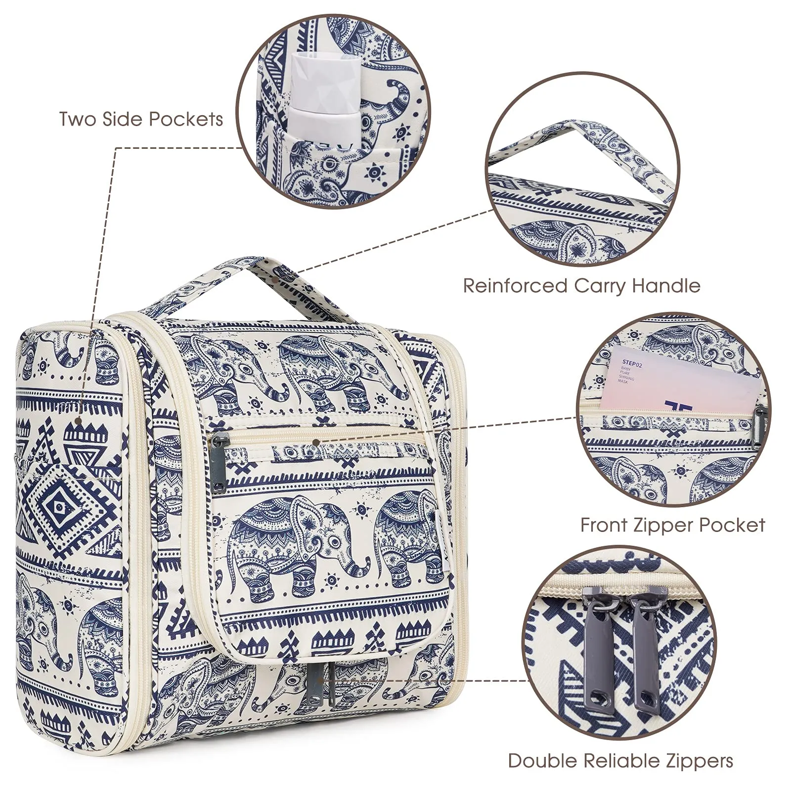 Hanging Toiletry Bag for Women Travel Makeup Bag Organizer Toiletries Bag for Cosmetics Essentials Accessories (Large, Elephant)