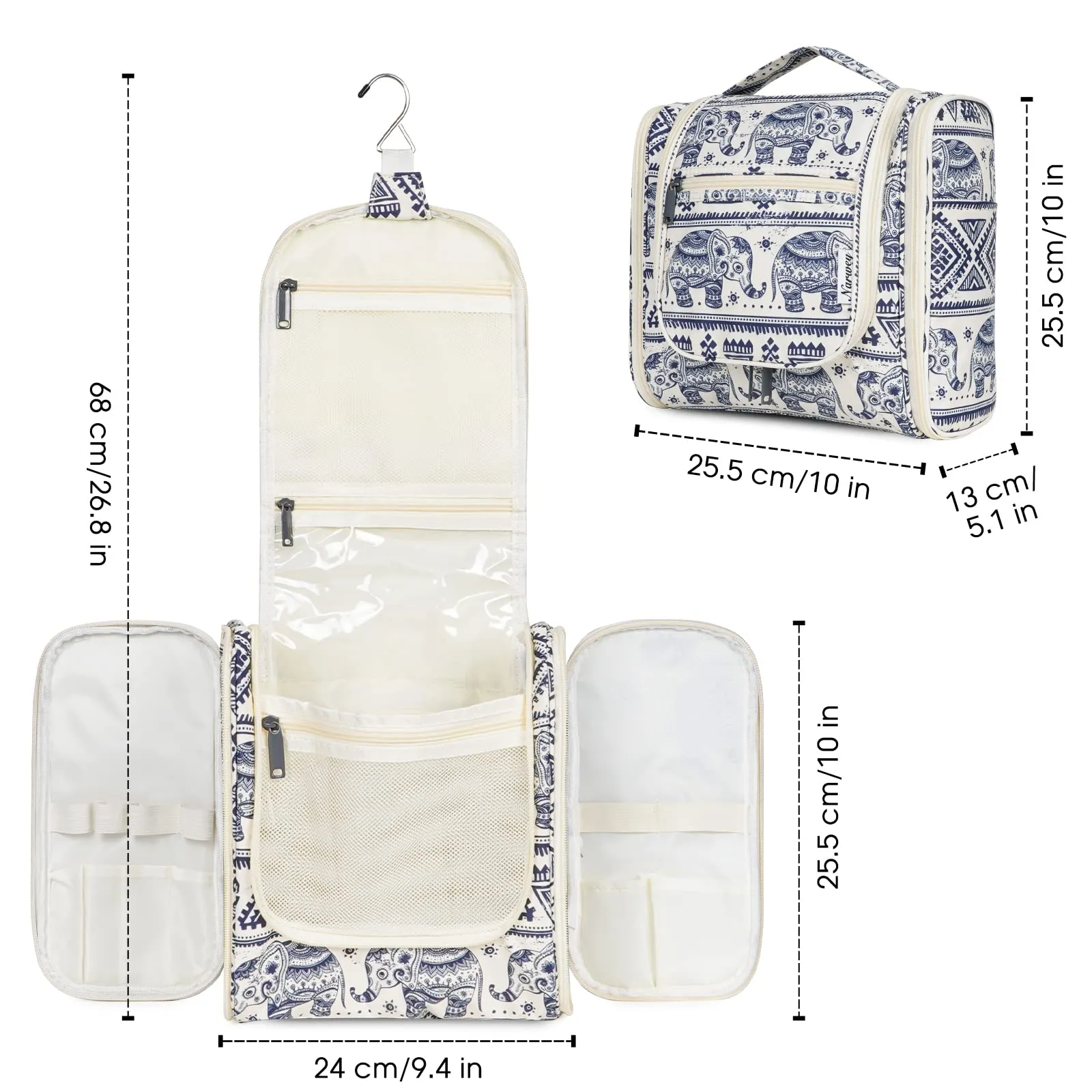 Hanging Toiletry Bag for Women Travel Makeup Bag Organizer Toiletries Bag for Cosmetics Essentials Accessories (Large, Elephant)