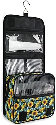 Hanging Toiletry Bag Sunflower Flowers Blue Butterflies Makeup Travel bag for Toiletries Portable Toiletry Organizer Bags Clear Toiletry Cosmetic Kit