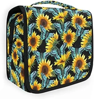 Hanging Toiletry Bag Sunflower Flowers Blue Butterflies Makeup Travel bag for Toiletries Portable Toiletry Organizer Bags Clear Toiletry Cosmetic Kit