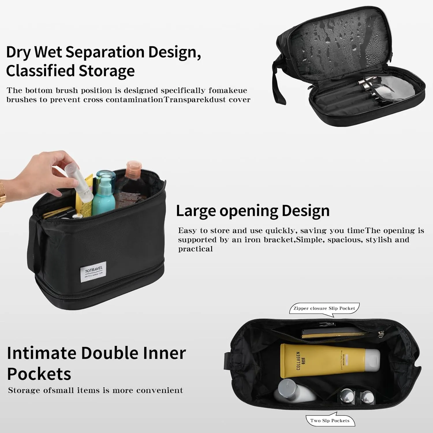 Hanging Travel Toiletry Bag for Women,Makeup Bag,Waterproof,Dry Wet Separation,Large Capacity, 8.66 x 4.92 x 6.5 In,Suitable for Accessoriestravel Toiletry Organizer (Woman, Jet Black)