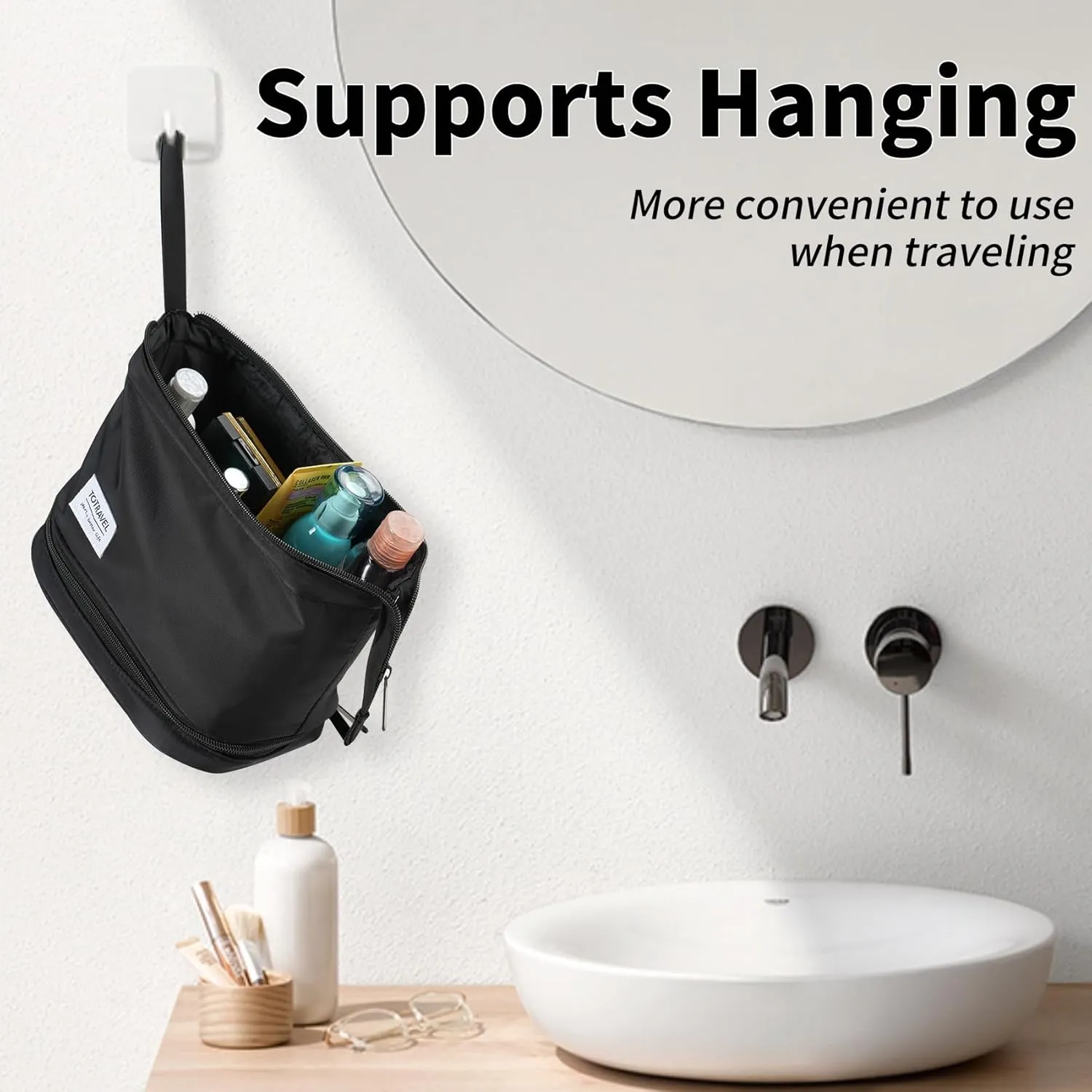 Hanging Travel Toiletry Bag for Women,Makeup Bag,Waterproof,Dry Wet Separation,Large Capacity, 8.66 x 4.92 x 6.5 In,Suitable for Accessoriestravel Toiletry Organizer (Woman, Jet Black)