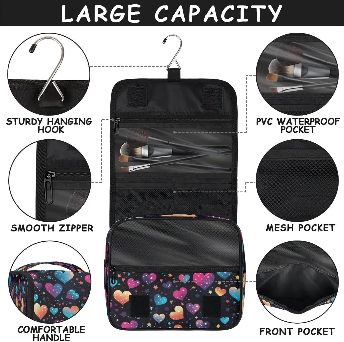 Hanging Travel Toiletry Bag Heart Printing Toiletry Bags with Hanging Hook Portable Cosmetic Bag Makeup Organizer for Travel Business Trip