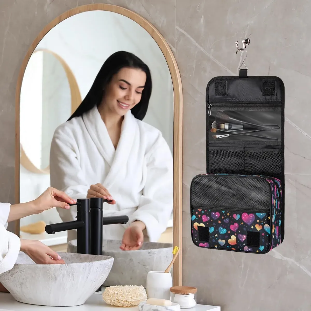 Hanging Travel Toiletry Bag Heart Printing Toiletry Bags with Hanging Hook Portable Cosmetic Bag Makeup Organizer for Travel Business Trip