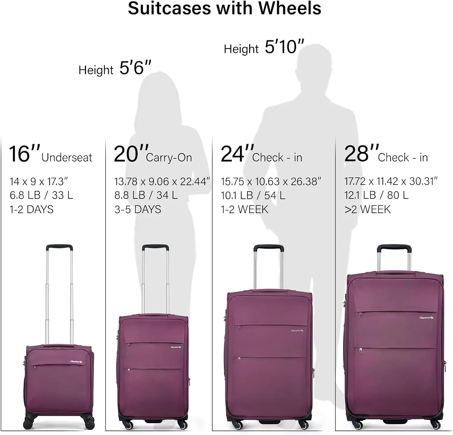 Hanke 16 Inch Underseat Carry On Luggage with Wheels Small Suitcase Softside Luggage Bags for Travel Lightweight Suitcases with Wheels Travel Luggage Personal Item for Men and Women.(Purple)
