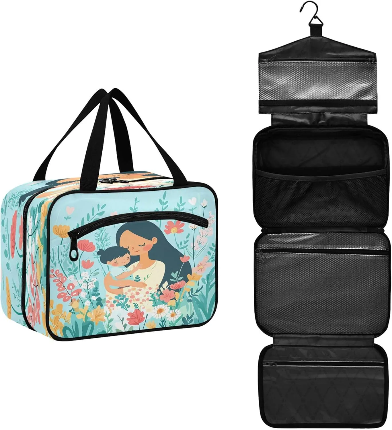 Happy Mother's Day and Flowers Travel Toiletry Bag for Women & men Hanging Portable Toiletry Bag Large Capacity Travel Bag for Hold Cosmetics Skin Care Products Toiletries Large