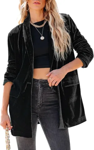Happy Sailed Women's Velvet Blazer Jackets Casual Long Sleeve Lapel Collar Pocketed Blazer Suits Work Outfits
