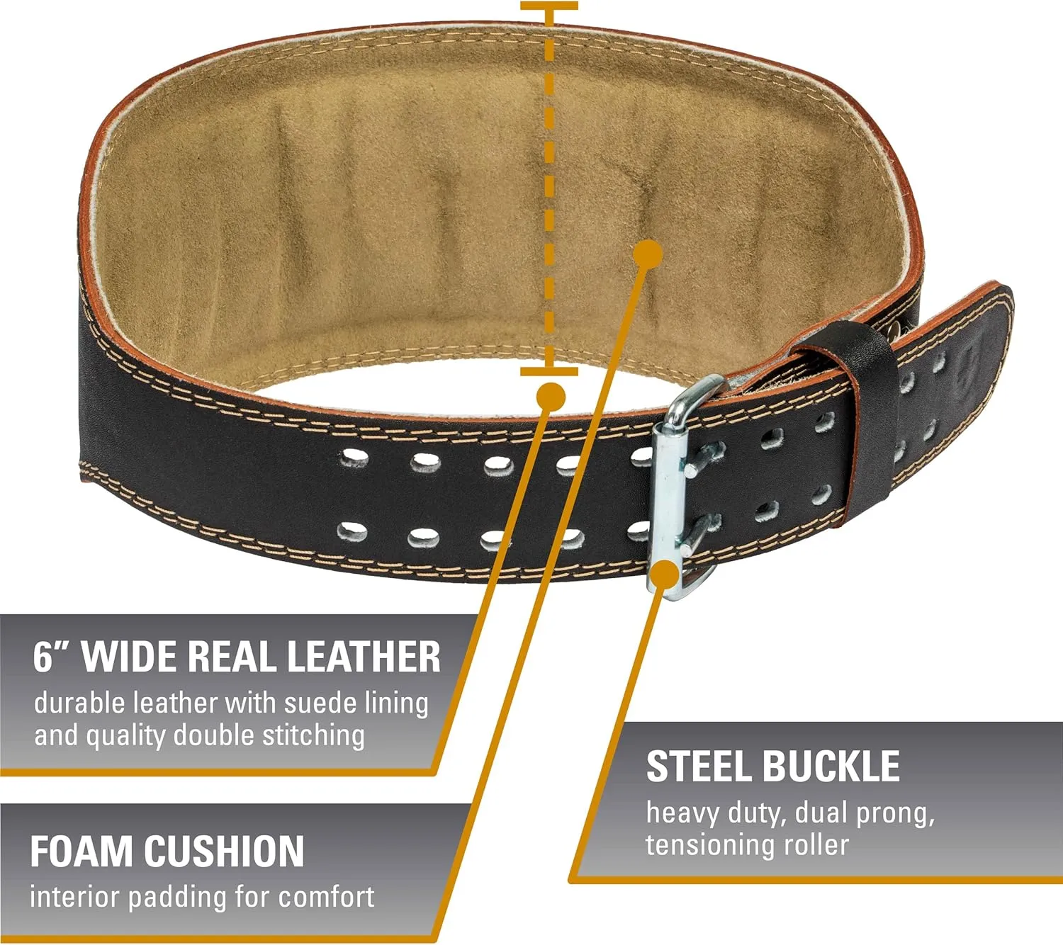Harbinger Padded Leather Contoured Weightlifting Belt - 4" or 6” Width - Interior Suede Lining & Foam Cushioning - Heavy-Duty Dual Prong Steel Roller Buckle - for Lifting Support