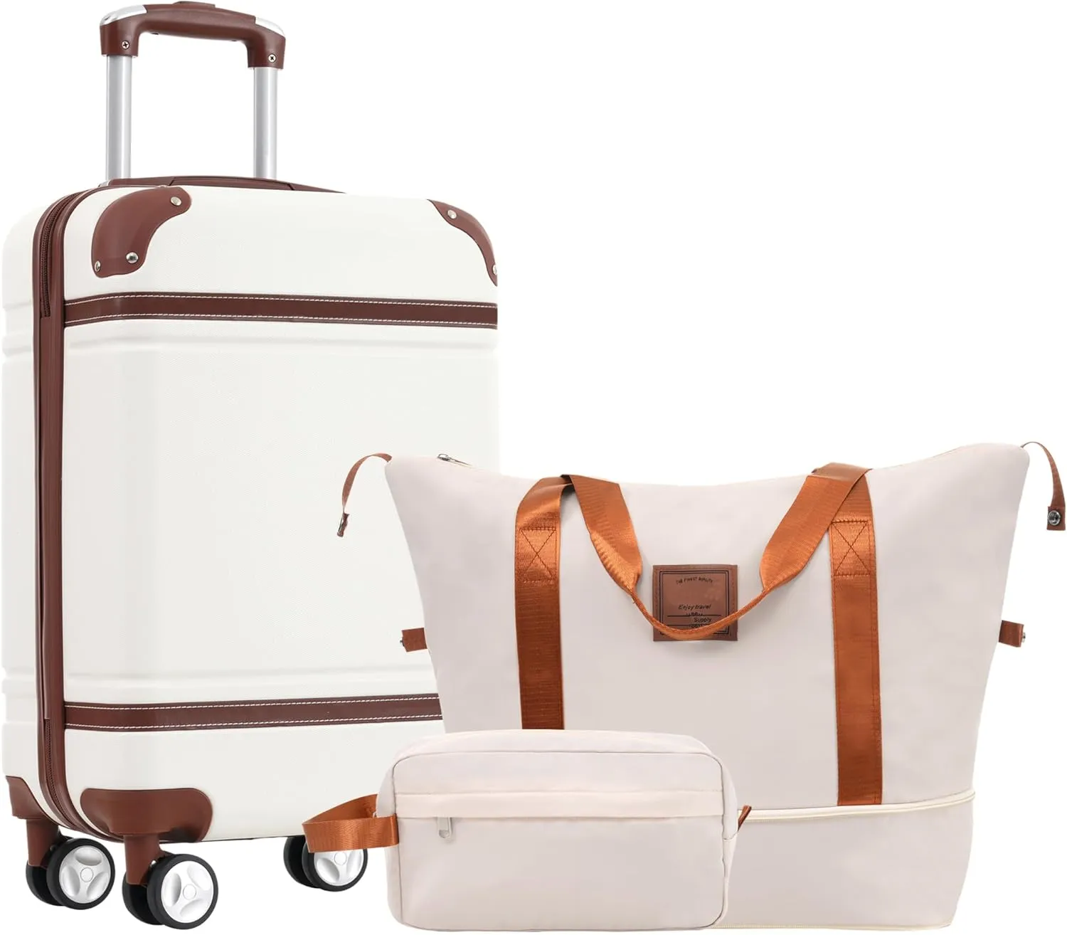 Hardshell Luggage Set with Travel Duffel and Toiletry Bag, 20 Inch Carry-On Suitcase with Double Spinner Wheels, White