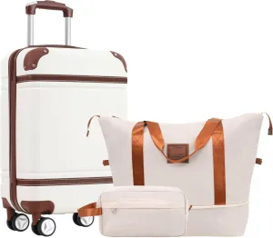Hardshell Luggage Set with Travel Duffel and Toiletry Bag, 20 Inch Carry-On Suitcase with Double Spinner Wheels, White