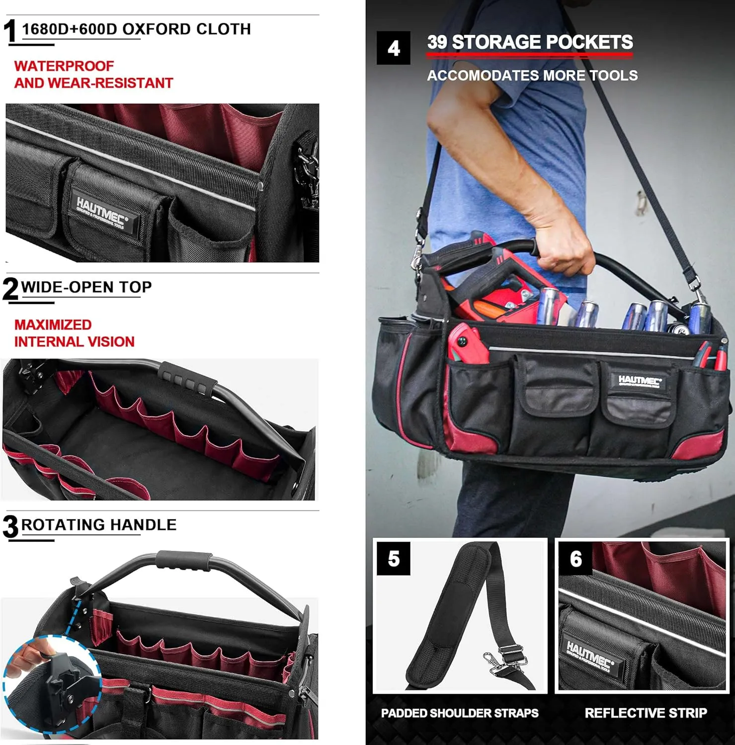 HAUTMEC 18.5 Inch Tool Bag, 1680D Heavy Duty Tool Tote, 39-Pockets Pro Electrician Tool Bag with Rotating Handle and Adjustable Shoulder Strap, Water-Resistant and Wear-Resistant, HT0178-TB
