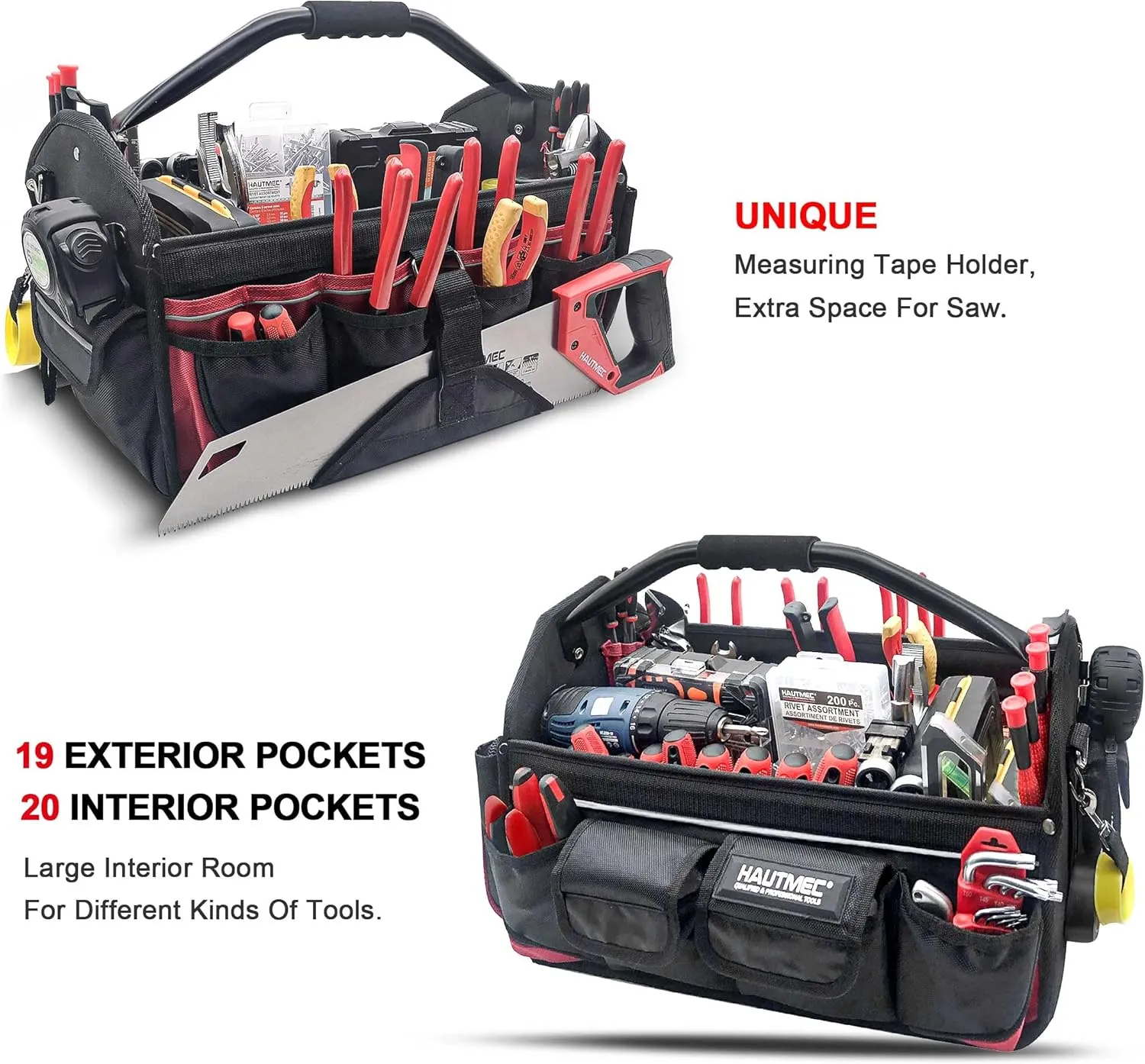 HAUTMEC 18.5 Inch Tool Bag, 1680D Heavy Duty Tool Tote, 39-Pockets Pro Electrician Tool Bag with Rotating Handle and Adjustable Shoulder Strap, Water-Resistant and Wear-Resistant, HT0178-TB