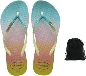 Havaianas Women's Slim Gradient Sunset Flip Flops - Stylish, Comfortable, and Durable Sandals with Metallic Finish, Perfect for Beach, Casual, and Everyday Wear, Includes Velvet Pouch, 9-10, Green