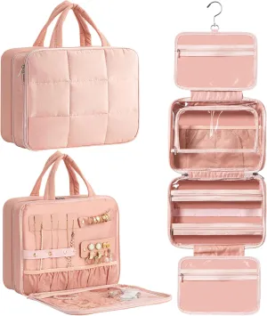 HBlife Travel Toiletry Bag with Jewelry Organizer for Women, Puffy Hanging Travel Bag for Toiletries with Trolley Belt, Waterproof Makeup Cosmetic Bag Organizer, Travel Accessories Essentials(Pink, M)