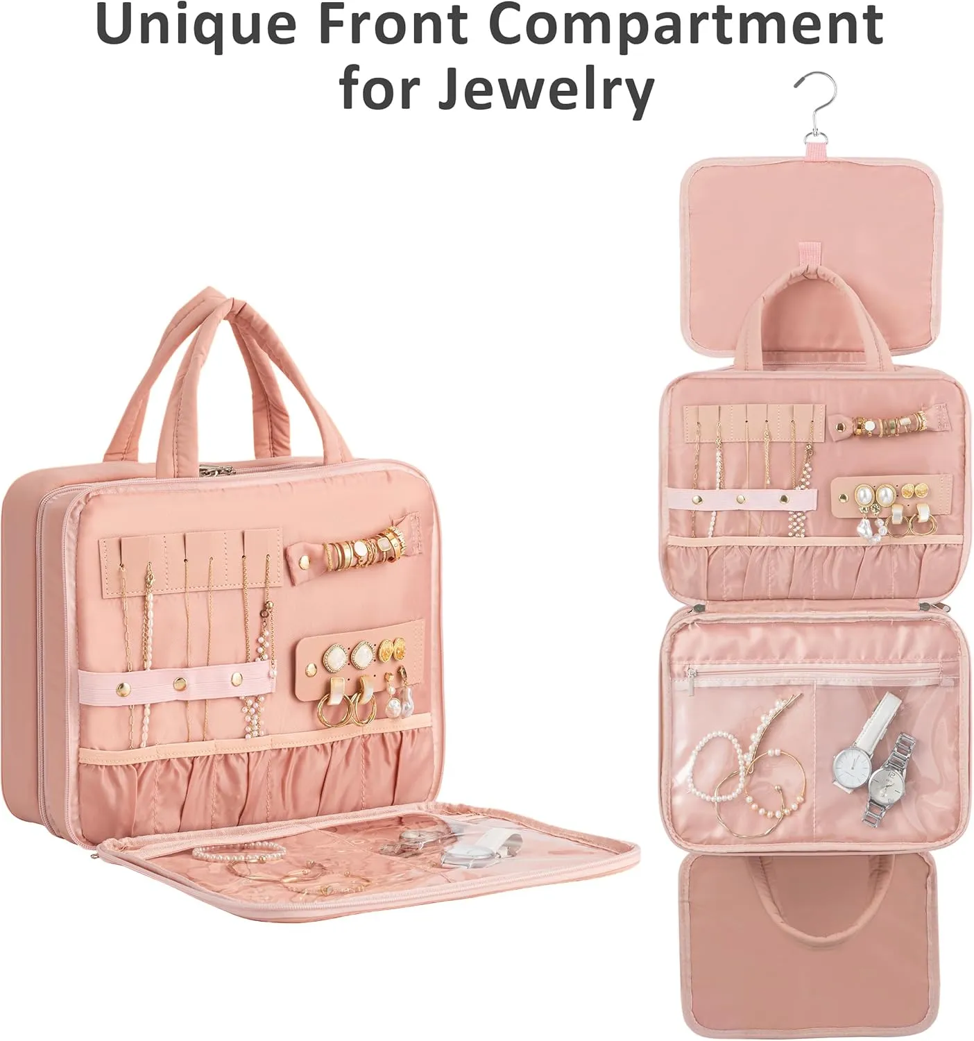 HBlife Travel Toiletry Bag with Jewelry Organizer for Women, Puffy Hanging Travel Bag for Toiletries with Trolley Belt, Waterproof Makeup Cosmetic Bag Organizer, Travel Accessories Essentials(Pink, M)