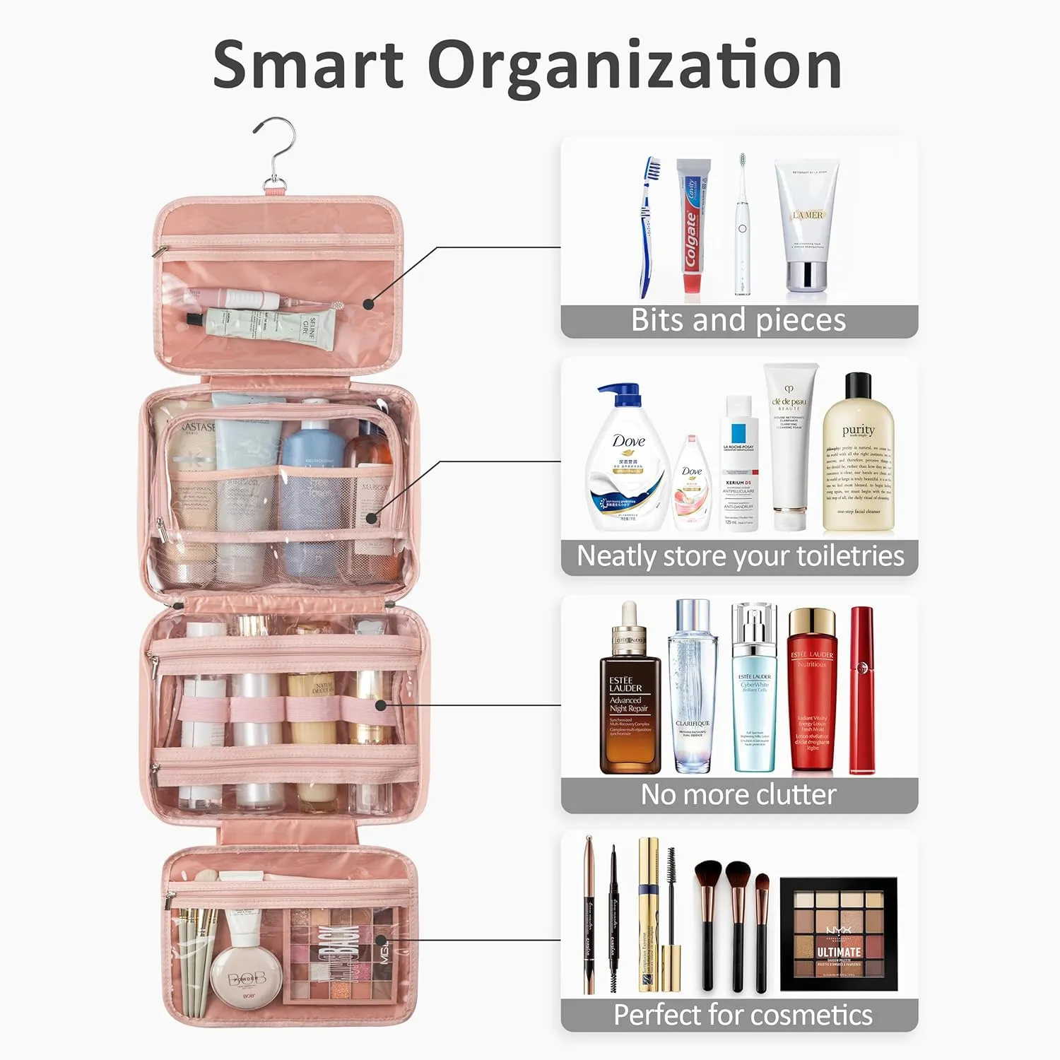 HBlife Travel Toiletry Bag with Jewelry Organizer for Women, Puffy Hanging Travel Bag for Toiletries with Trolley Belt, Waterproof Makeup Cosmetic Bag Organizer, Travel Accessories Essentials(Pink, M)
