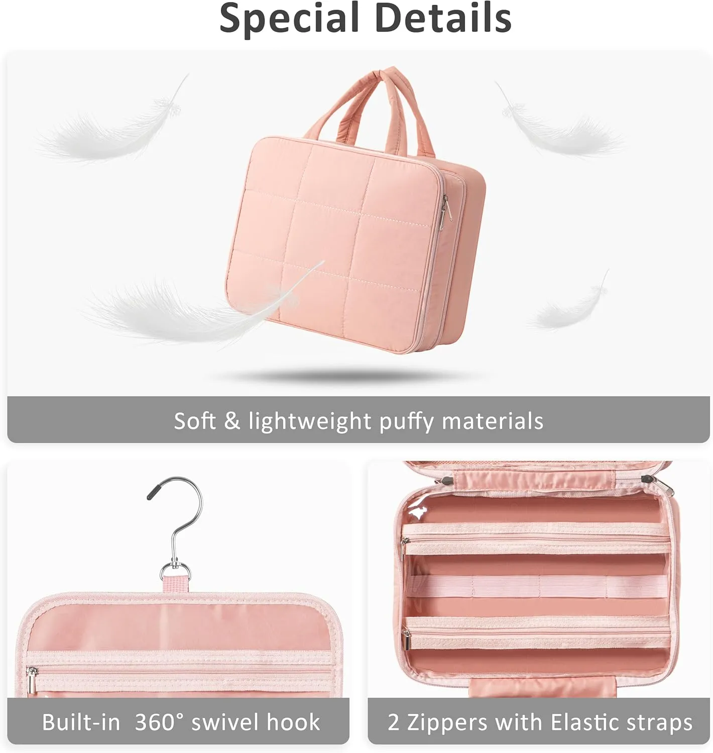 HBlife Travel Toiletry Bag with Jewelry Organizer for Women, Puffy Hanging Travel Bag for Toiletries with Trolley Belt, Waterproof Makeup Cosmetic Bag Organizer, Travel Accessories Essentials(Pink, M)