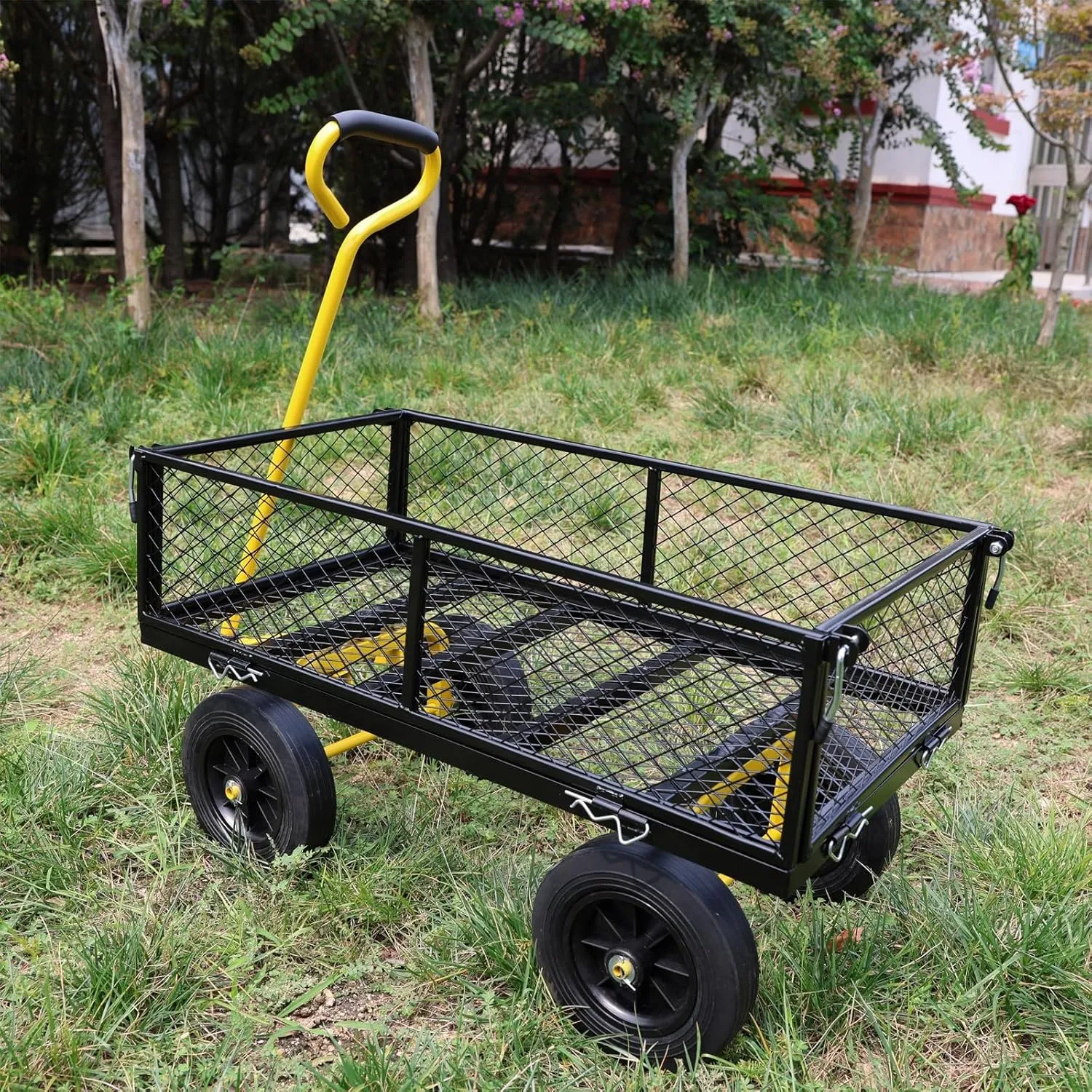 Heavy Duty Garden Cart with Solid Wheels (Black & Yellow) – 1000LB Capacity Utility Wagon for Firewood, Yard Work, Farming & Home Use – No-Flat Tires, Dump Feature, Spacious Steel Bed