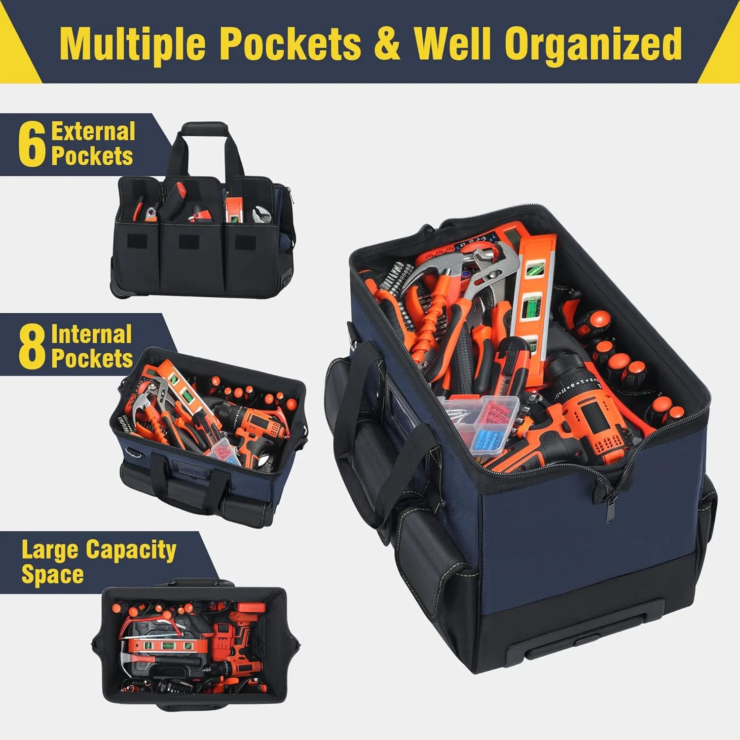 Heavy Duty Tool Bag with Wheels, Rolling Tool Bag Organizer with Large Capacity and Multi-pocket, Tool Box Tool Storage Bag with Handle Shoudler Strap for Men, Electrician, Carpenter, Mechanic