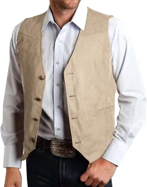 Hi-Tie Men's Suede Leather Vest Western Cowboy Vest Slim Fit Sleeveless V Neck Waistcoat Casual