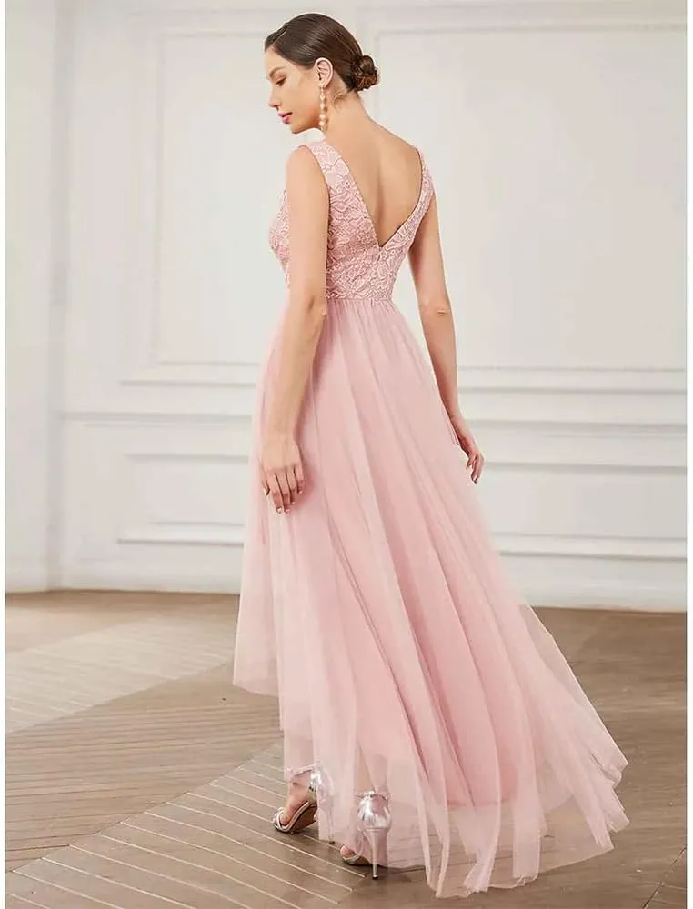high Low Bridesmaid Dress V Neck Sleeveless Elegant lace Tulle Dress for Wedding with Draping/Ruching