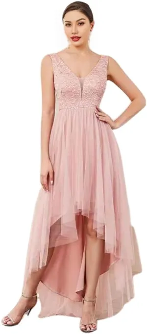 high Low Bridesmaid Dress V Neck Sleeveless Elegant lace Tulle Dress for Wedding with Draping/Ruching