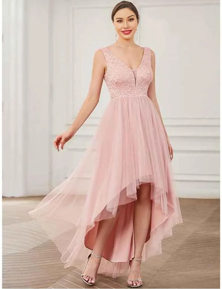 high Low Bridesmaid Dress V Neck Sleeveless Elegant lace Tulle Dress for Wedding with Draping/Ruching