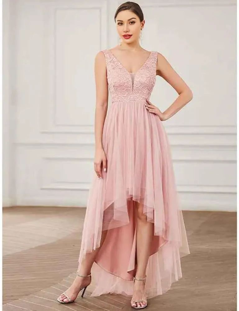 high Low Bridesmaid Dress V Neck Sleeveless Elegant lace Tulle Dress for Wedding with Draping/Ruching