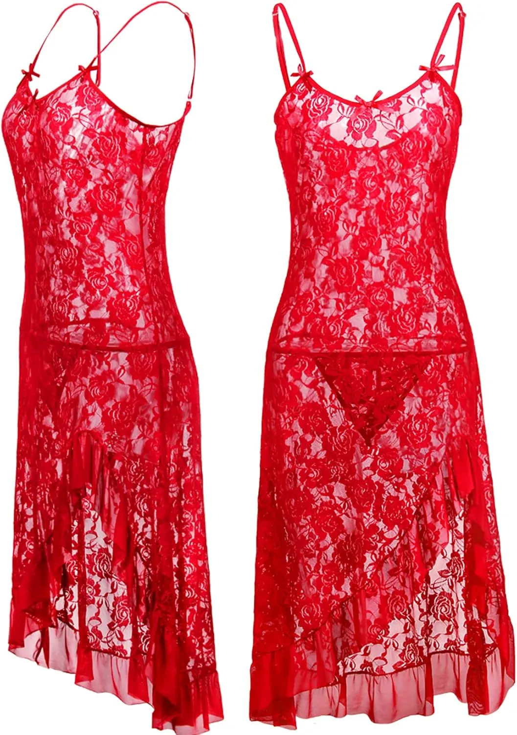 HiSexy Women's Sexy Boudoir Lingerie Set Long Adjustable Strappy Dress See-through Lace Negligee Chemise