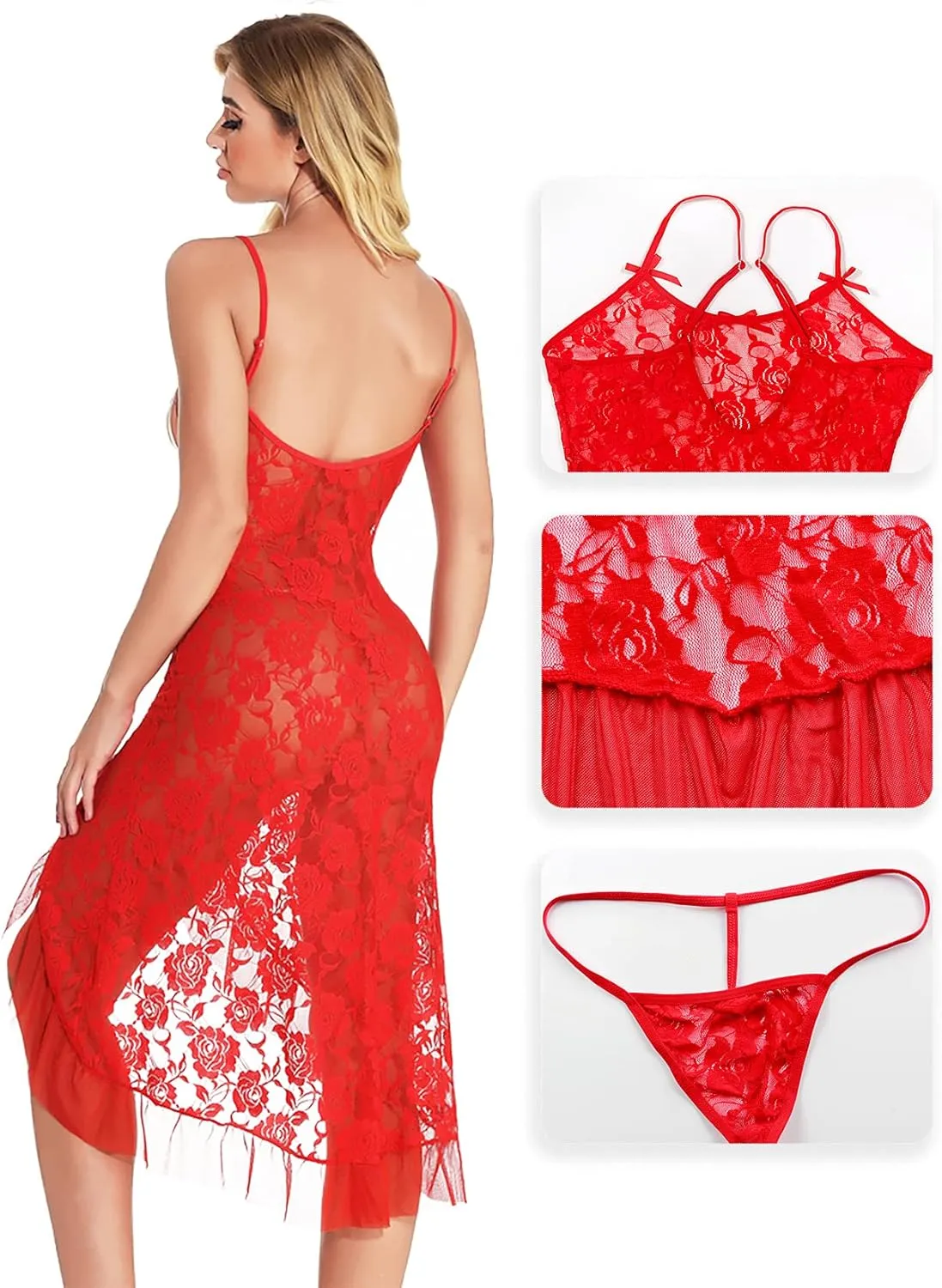 HiSexy Women's Sexy Boudoir Lingerie Set Long Adjustable Strappy Dress See-through Lace Negligee Chemise
