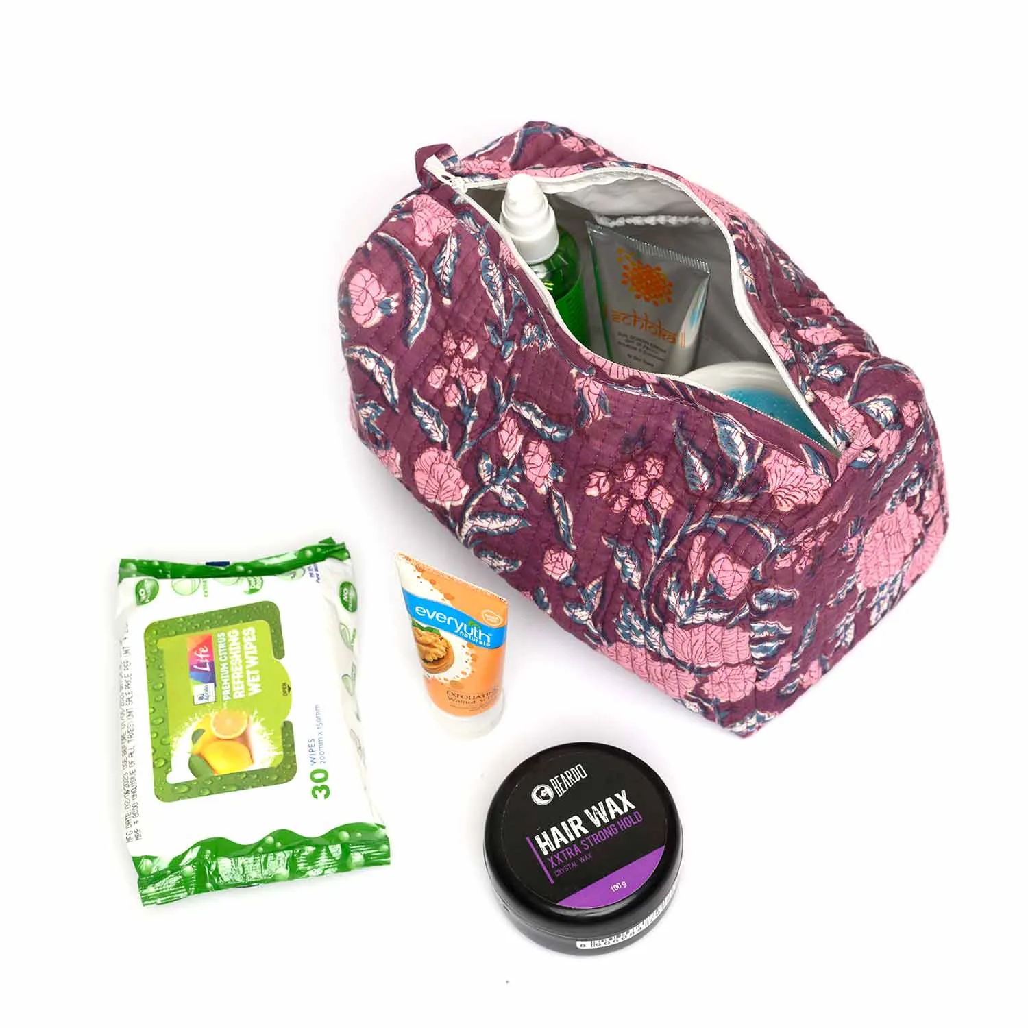 HOLLYHOCK MAROON PRINTED QUILTED TOILETRY POUCH