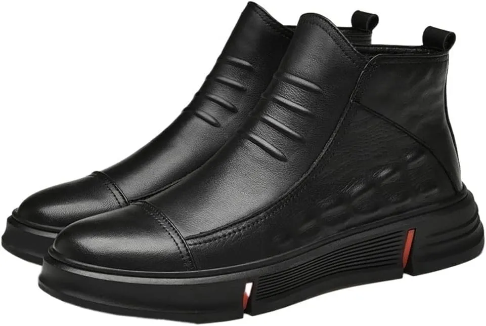 HOOENG Ankle Boots for Men Round Toe Faux Crocodile Print Leather Anti-Slip On Non Slip Wearable Fashion Casual (Color : Black Lined, Size : 7.5)