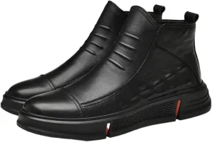 HOOENG Ankle Boots for Men Round Toe Faux Crocodile Print Leather Anti-Slip On Non Slip Wearable Fashion Casual (Color : Black Lined, Size : 7.5)
