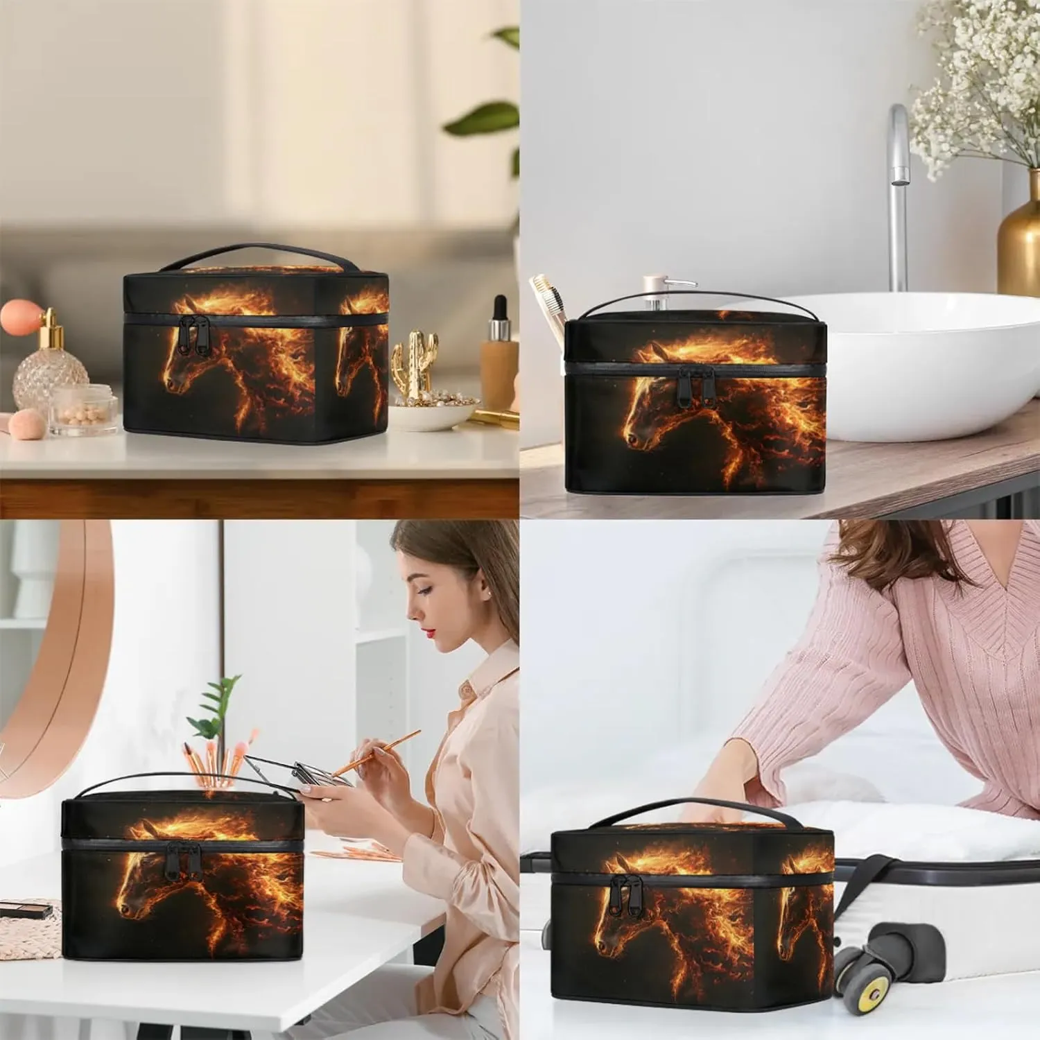 Horse Travel Toiletry Bag Large Capacity Makeup Case Organizer with Handle Cosmetic Case for Women Girls