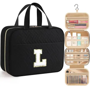 HOTOR Travel Toiletry Bag - Personalized Chenille Initial Makeup Bag, Water-Resistant Personalized Gifts for Women, Portable Travel Accessories & Essentials, Letter L, Black, 11.4"×9.0"×3.35"