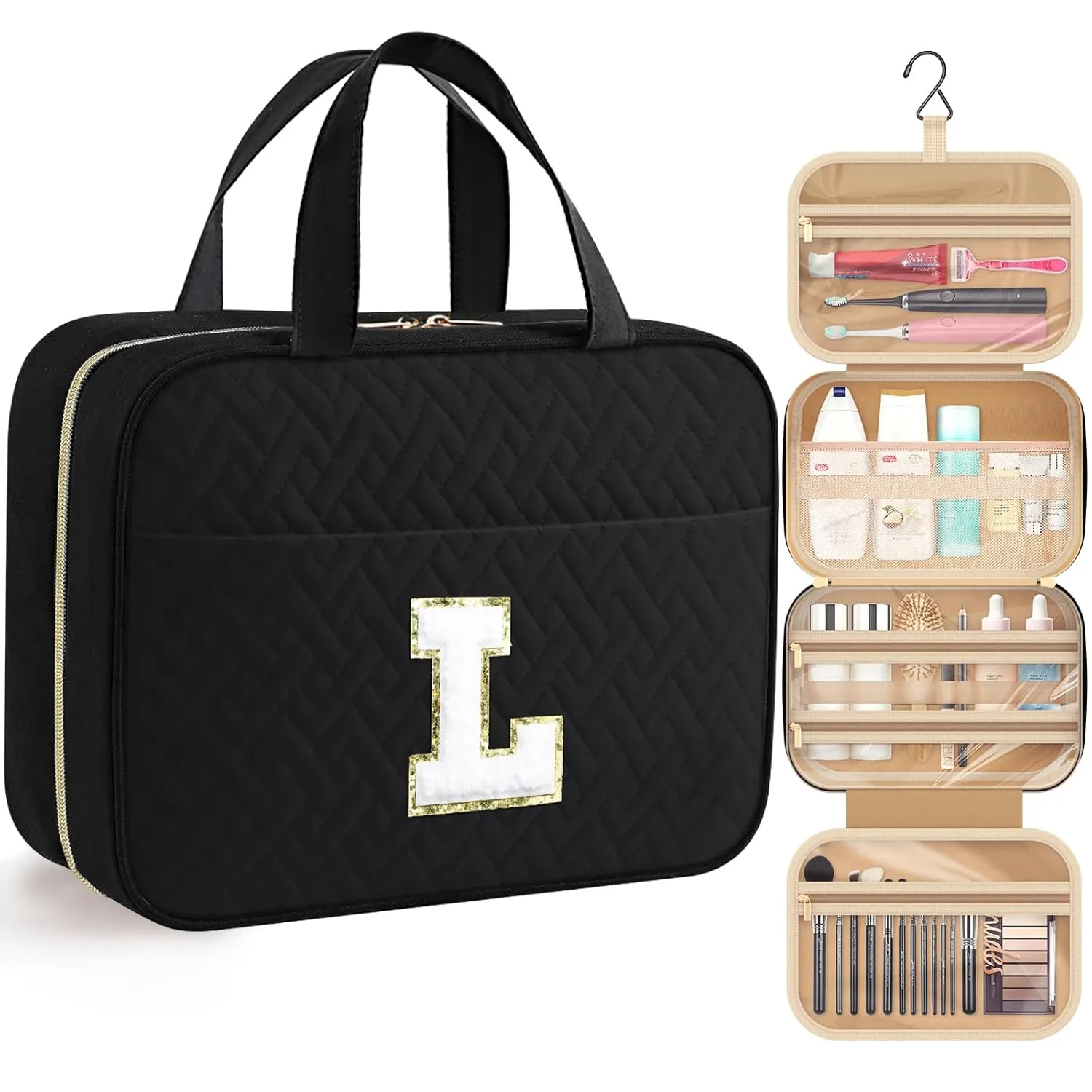HOTOR Travel Toiletry Bag - Personalized Chenille Initial Makeup Bag, Water-Resistant Personalized Gifts for Women, Portable Travel Accessories & Essentials, Letter L, Black, 11.4"×9.0"×3.35"