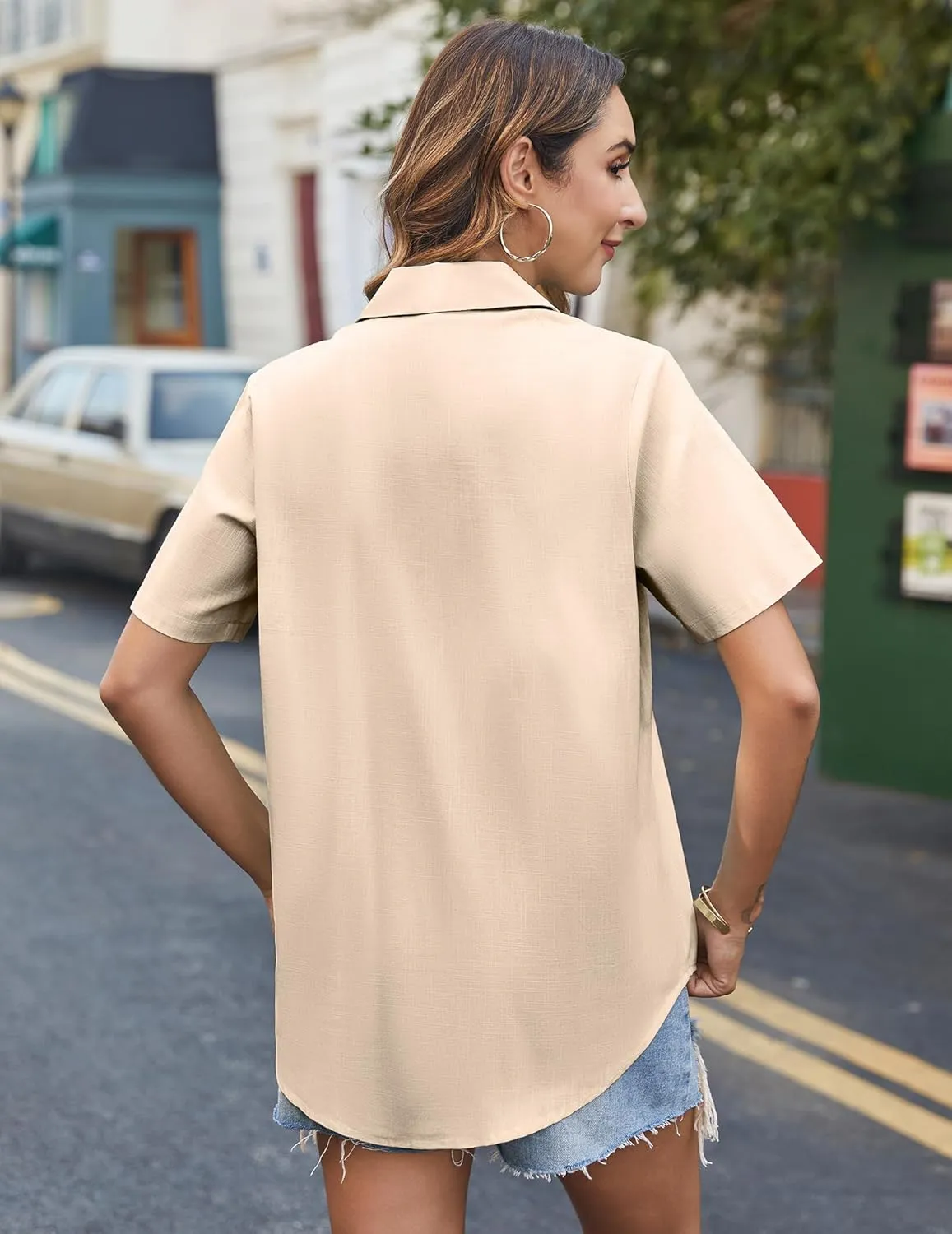 HOTOUCH Cotton Linen Button Down Shirt for Women V Neck Collared Blouse Casual Short Sleeve Tops with Pocket