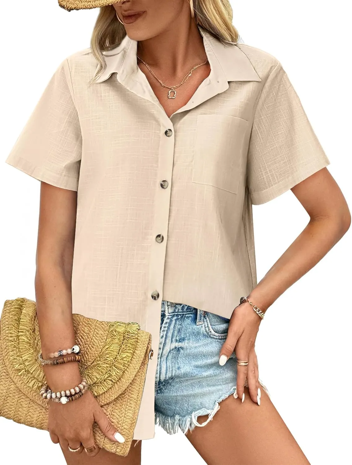 HOTOUCH Cotton Linen Button Down Shirt for Women V Neck Collared Blouse Casual Short Sleeve Tops with Pocket
