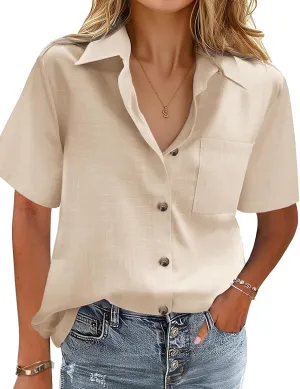 HOTOUCH Cotton Linen Button Down Shirt for Women V Neck Collared Blouse Casual Short Sleeve Tops with Pocket