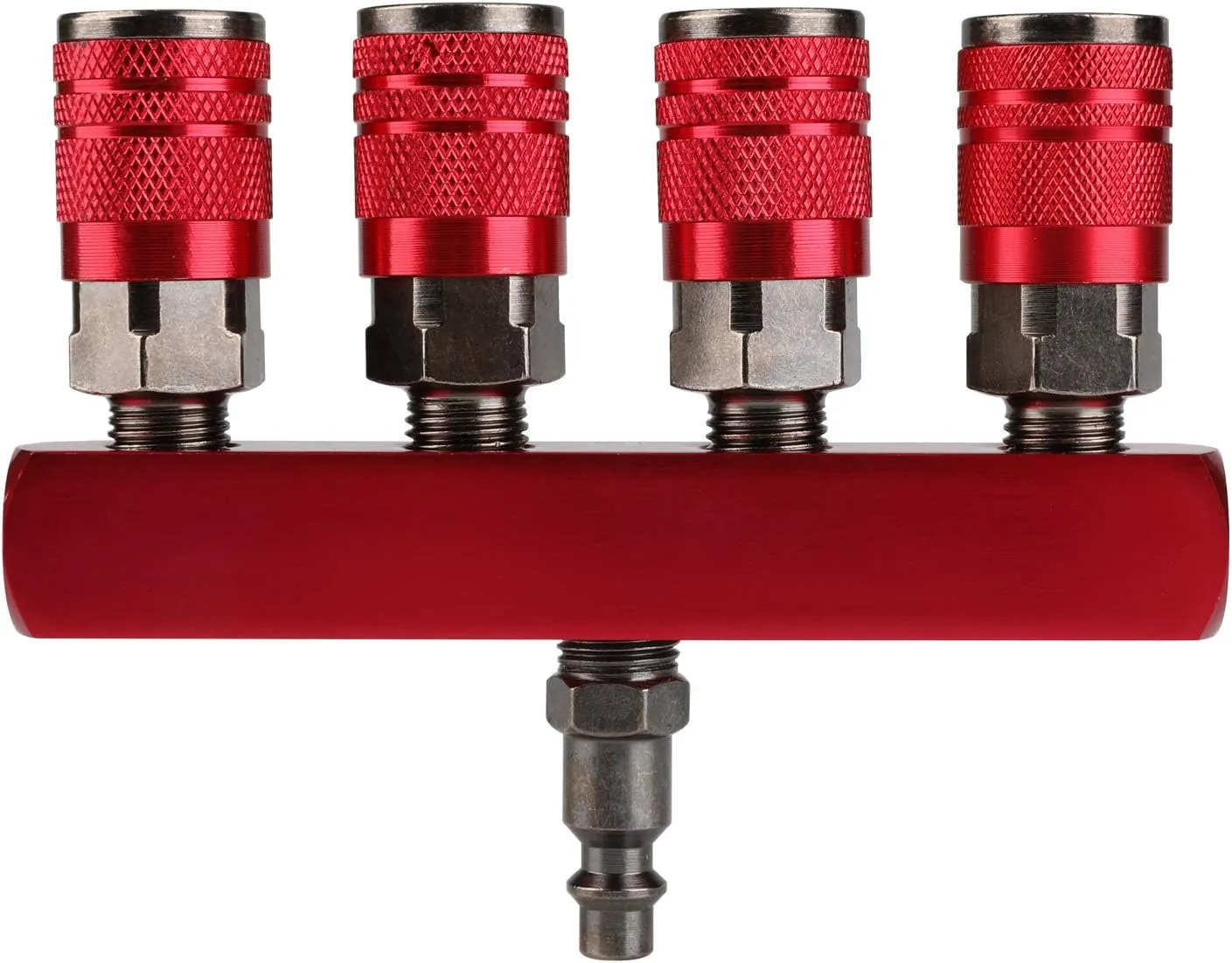 Hromee 4-Way Straight Air Manifold 5 Ports Aluminum Industrial Pneumatic Air Compressor Quick Connect Socket In Line Type Air Hose Splitter with 4 Couplers and 1/4" Male NPT Plug