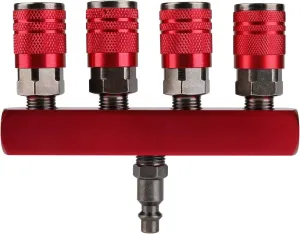 Hromee 4-Way Straight Air Manifold 5 Ports Aluminum Industrial Pneumatic Air Compressor Quick Connect Socket In Line Type Air Hose Splitter with 4 Couplers and 1/4" Male NPT Plug