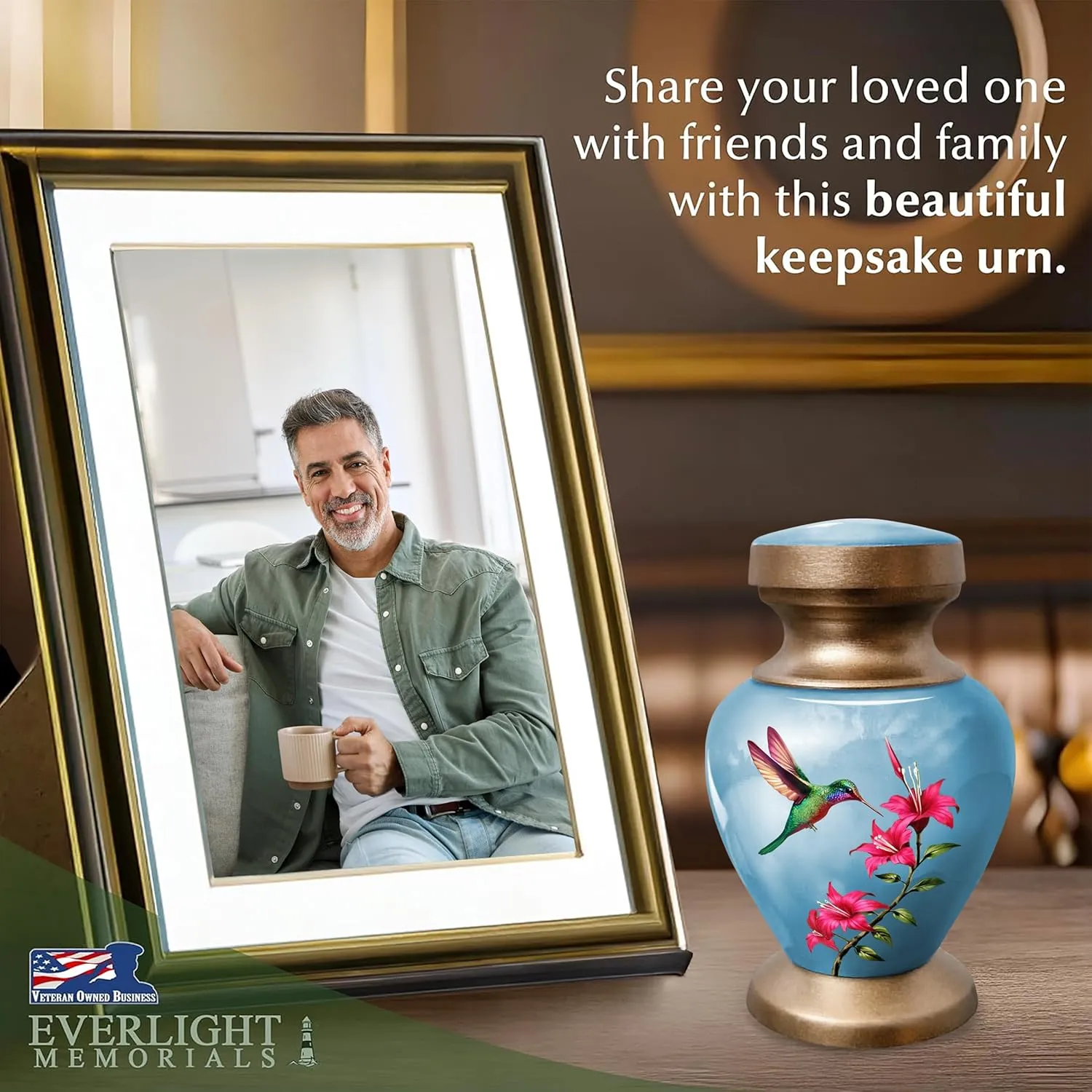 Hummingbird Blue Small Keepsake Urn for Human Ashes – Elegant Cremation Urn for Man or Woman, Handcrafted Aluminum Design